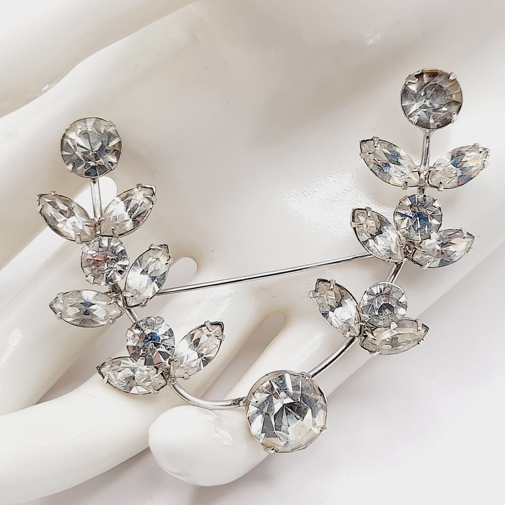 Vintage Clear Rhinestone Brooch Mid-Century Silver Tone Wedding Pin 2 1/2 Inch